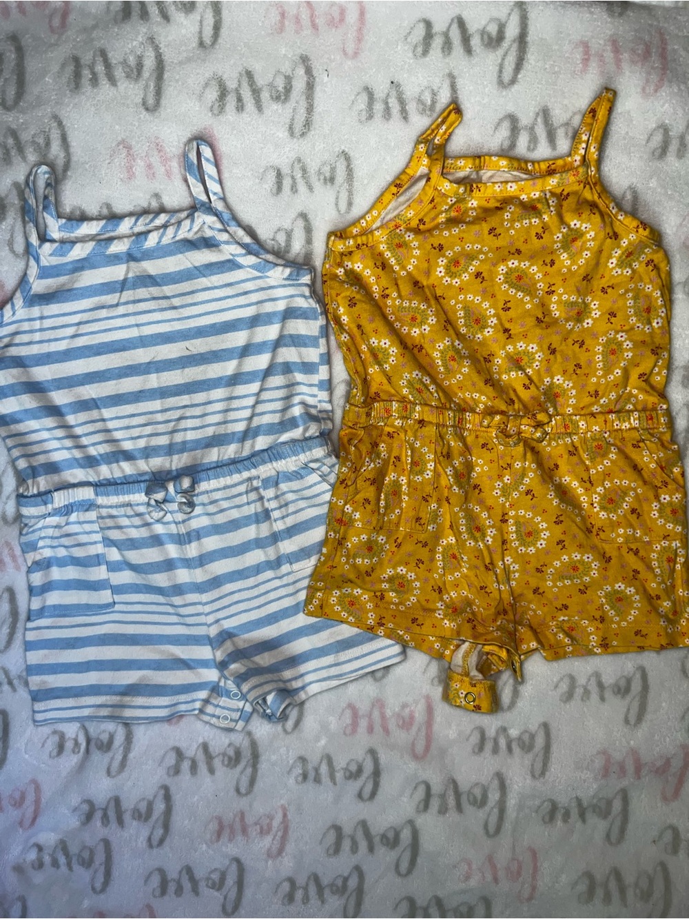 wonder nation Blue Striped Romper & Mustard Floral Romper Set